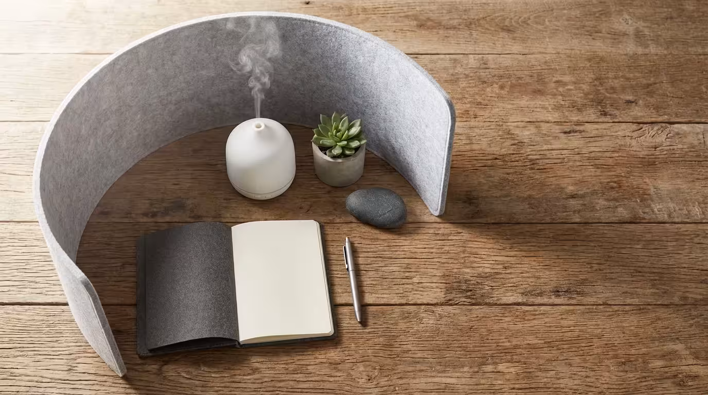 Flat lay of desk workspace with acoustic privacy screen and sensory focus tools.