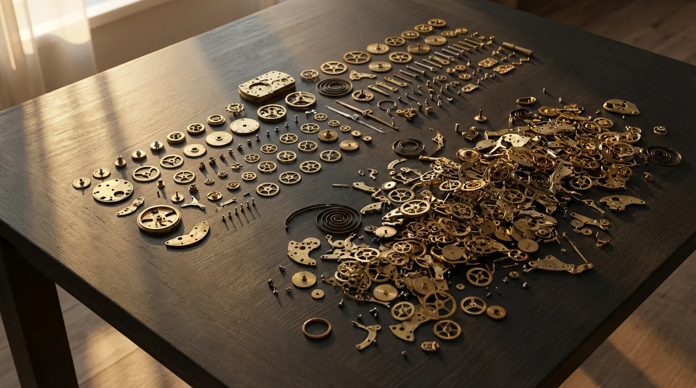 Flat lay of disassembled brass gears and screws on a table during golden hour.