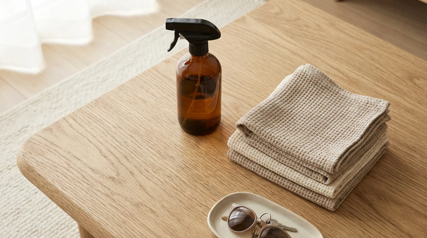 Flat lay of eco-friendly cleaning supplies and sorted items on a wooden table