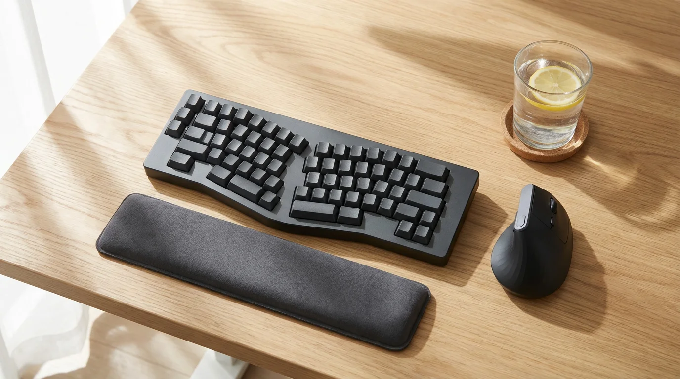 Flat lay of ergonomic split keyboard and vertical mouse on a wooden desk.