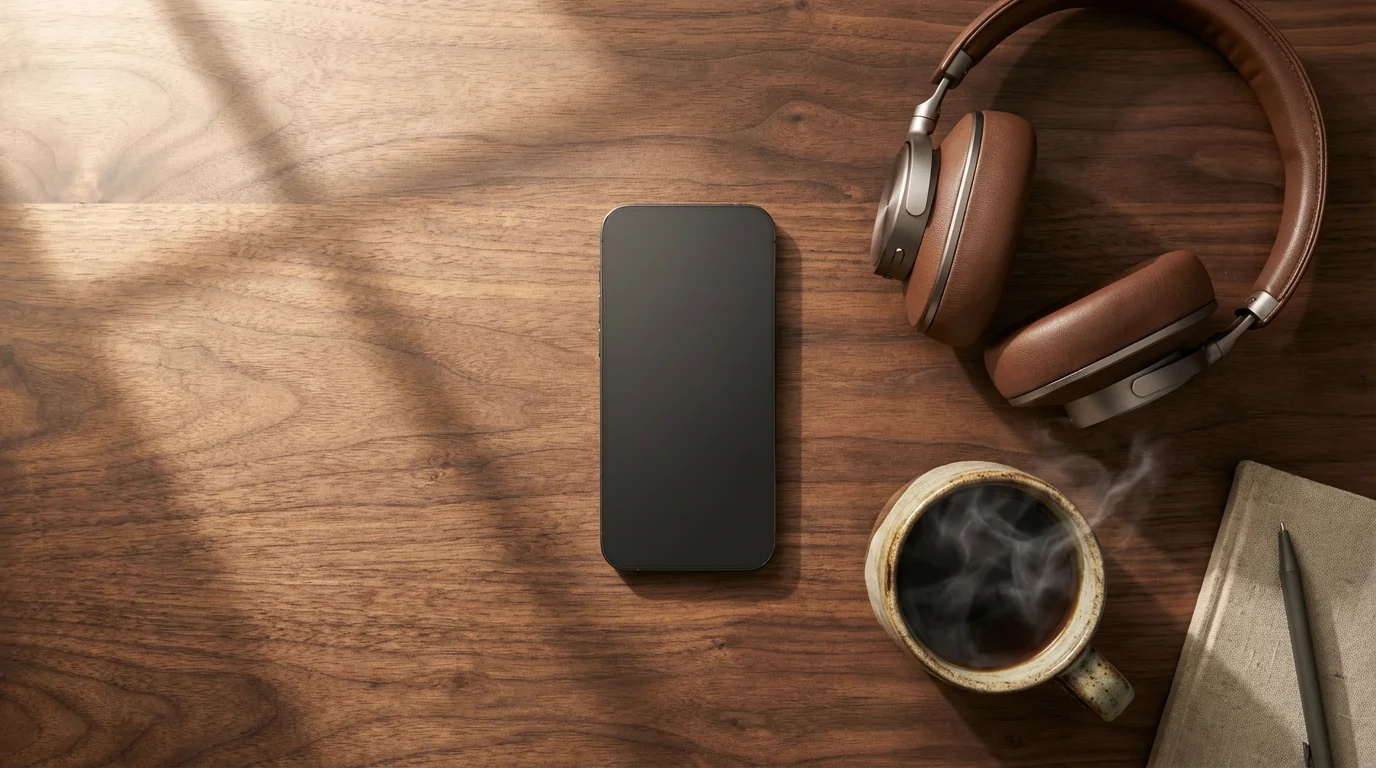 Flat lay of face-down phone and headphones on dark wood desk symbolizing focus boundaries.