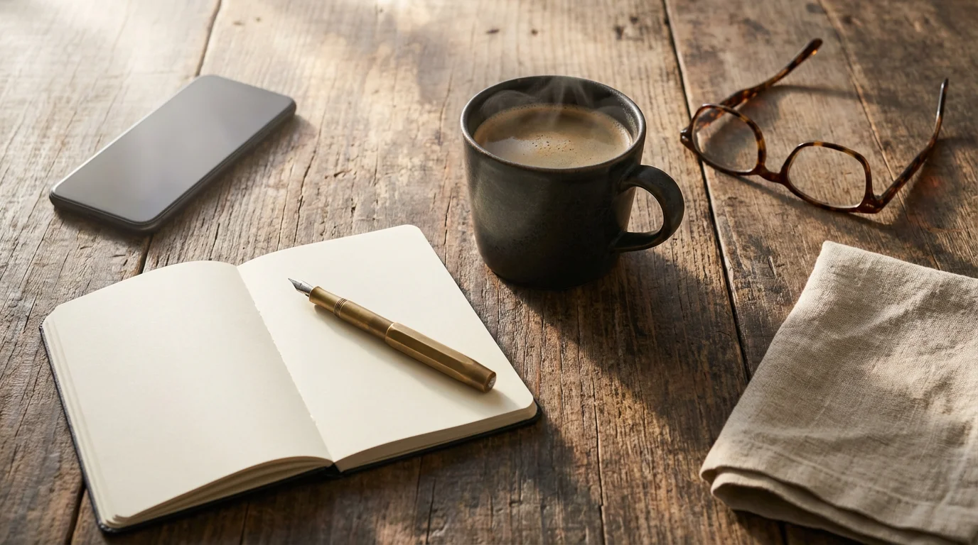 Flat lay of face-down smartphone next to coffee and journal on wooden table.