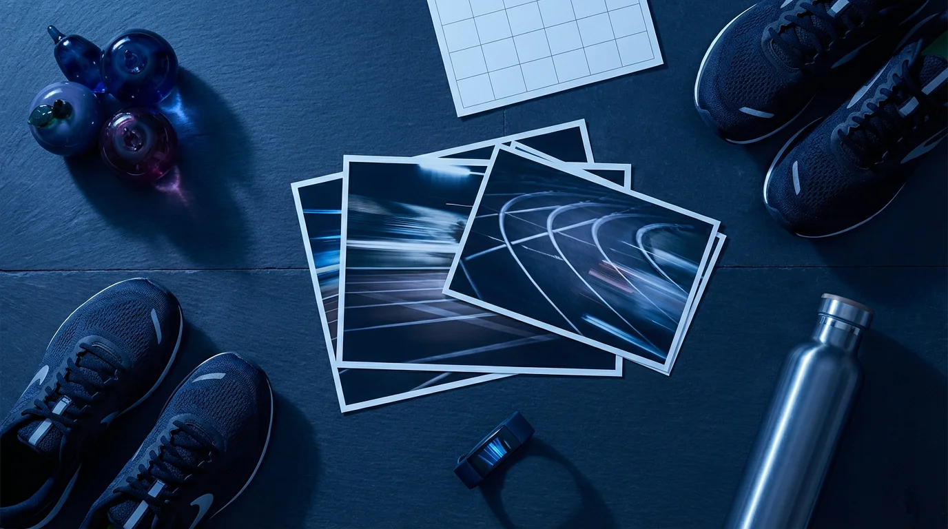 Flat lay of fitness vision board elements: running shoes, abstract goal images, and training calendar under blue hour light.