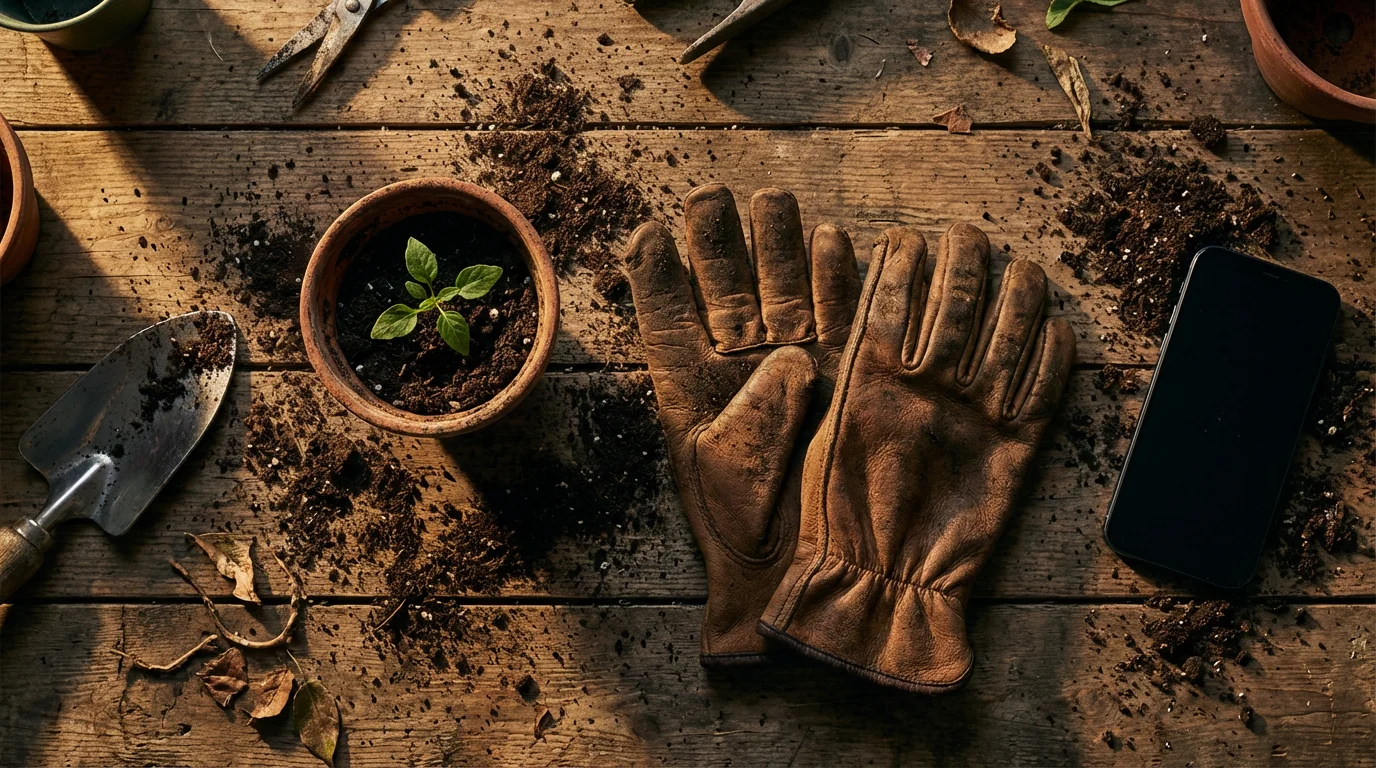 Flat lay of gardening tools, soil, and a face-down smartphone on a wooden table.