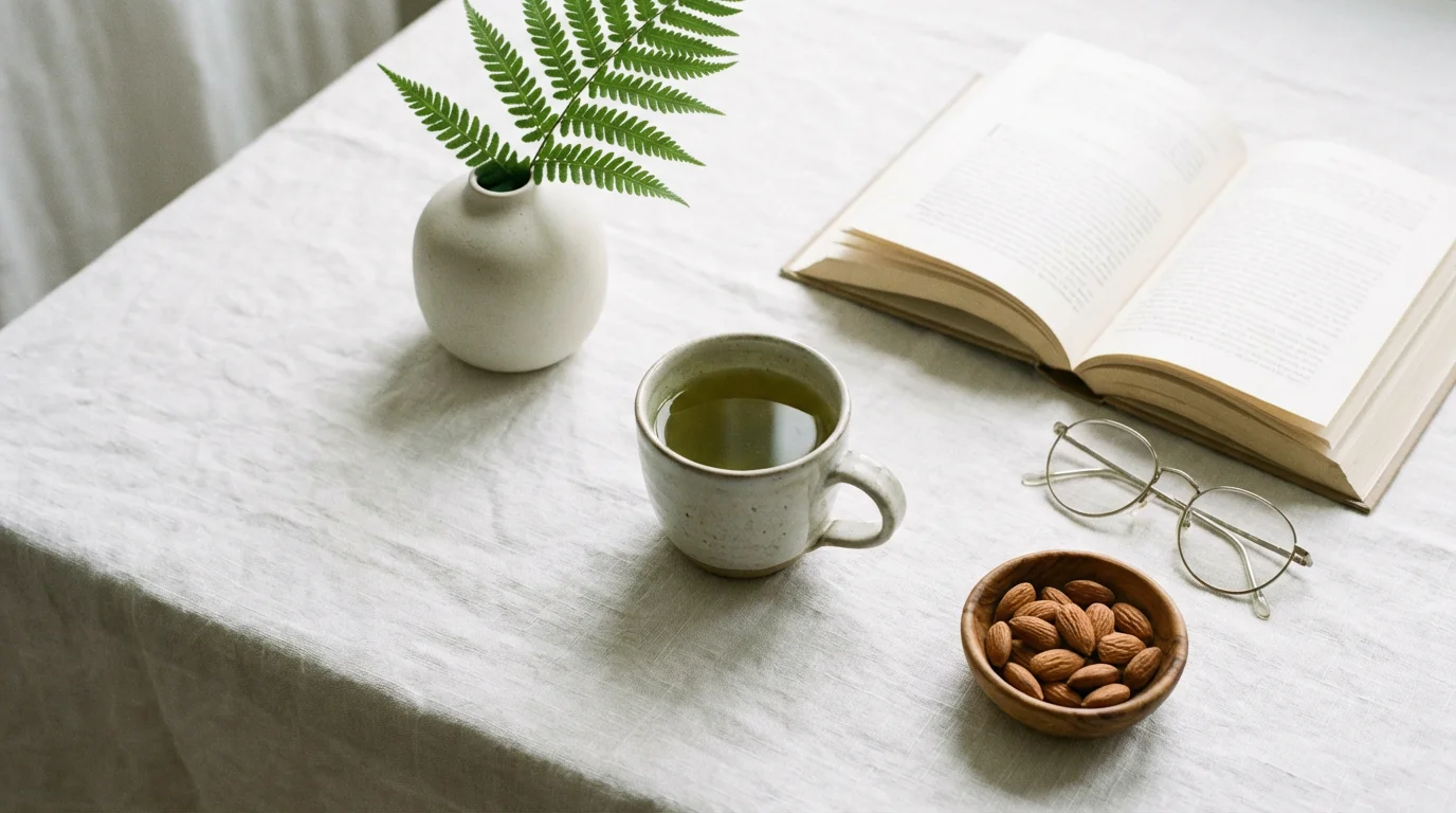 Flat lay of green tea, open book, and fern on white linen in soft morning light.