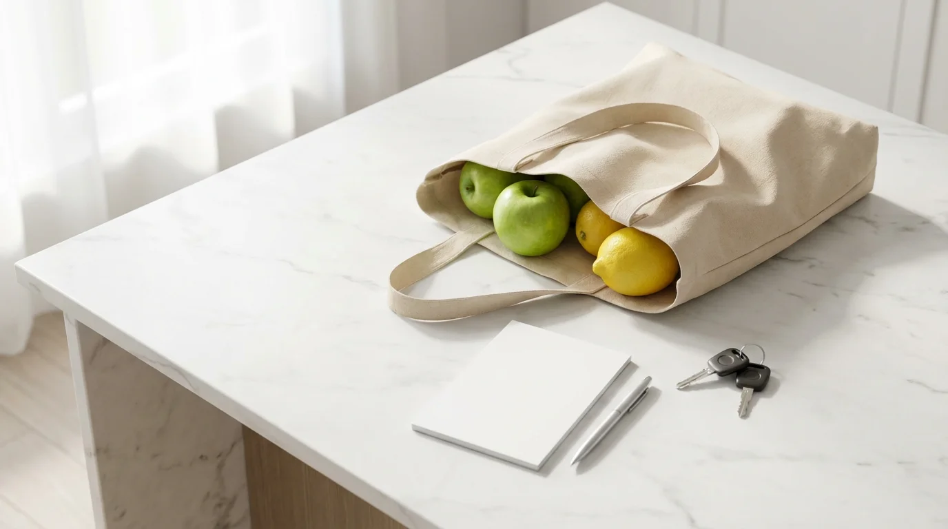 Flat lay of grocery tote, fruit, car keys, and blank notepad on marble counter.