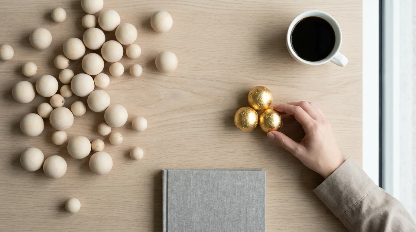 Flat lay of hand separating gold spheres from wooden ones on a desk.