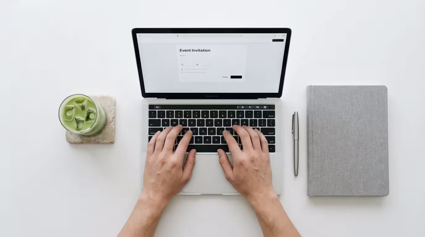 Flat lay of hands typing on laptop with iced matcha latte on white desk.