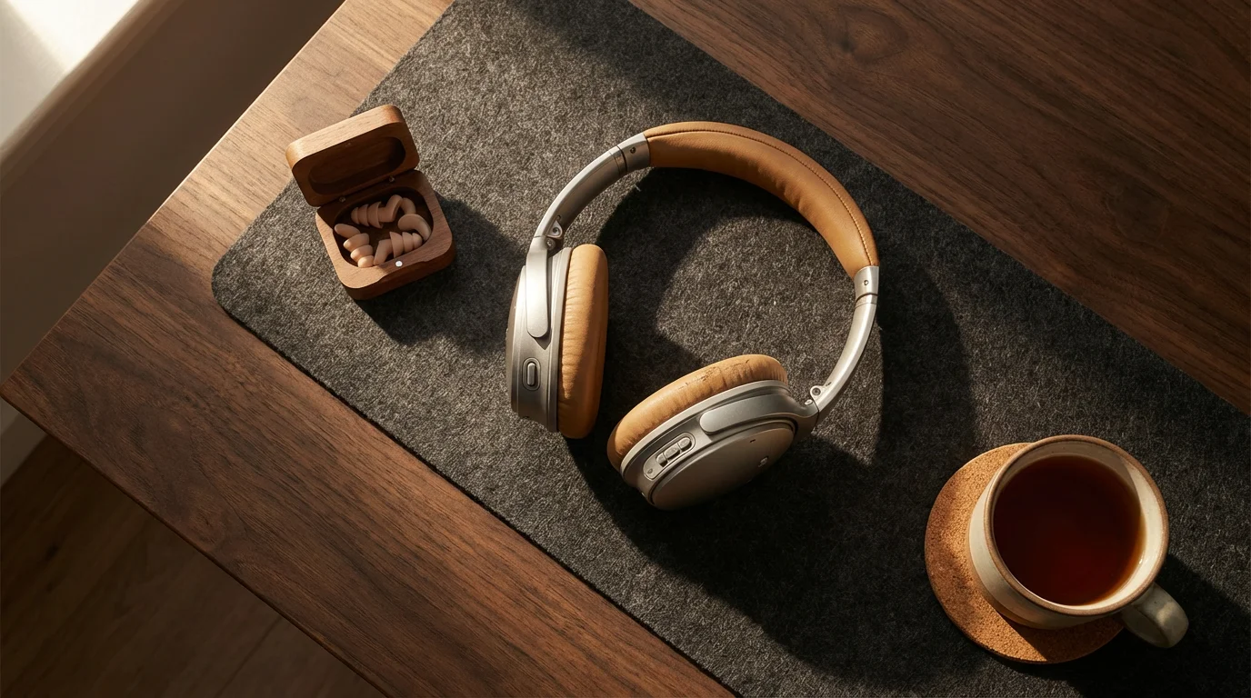 Flat lay of headphones and earplugs on a dark desk with dramatic afternoon shadows.