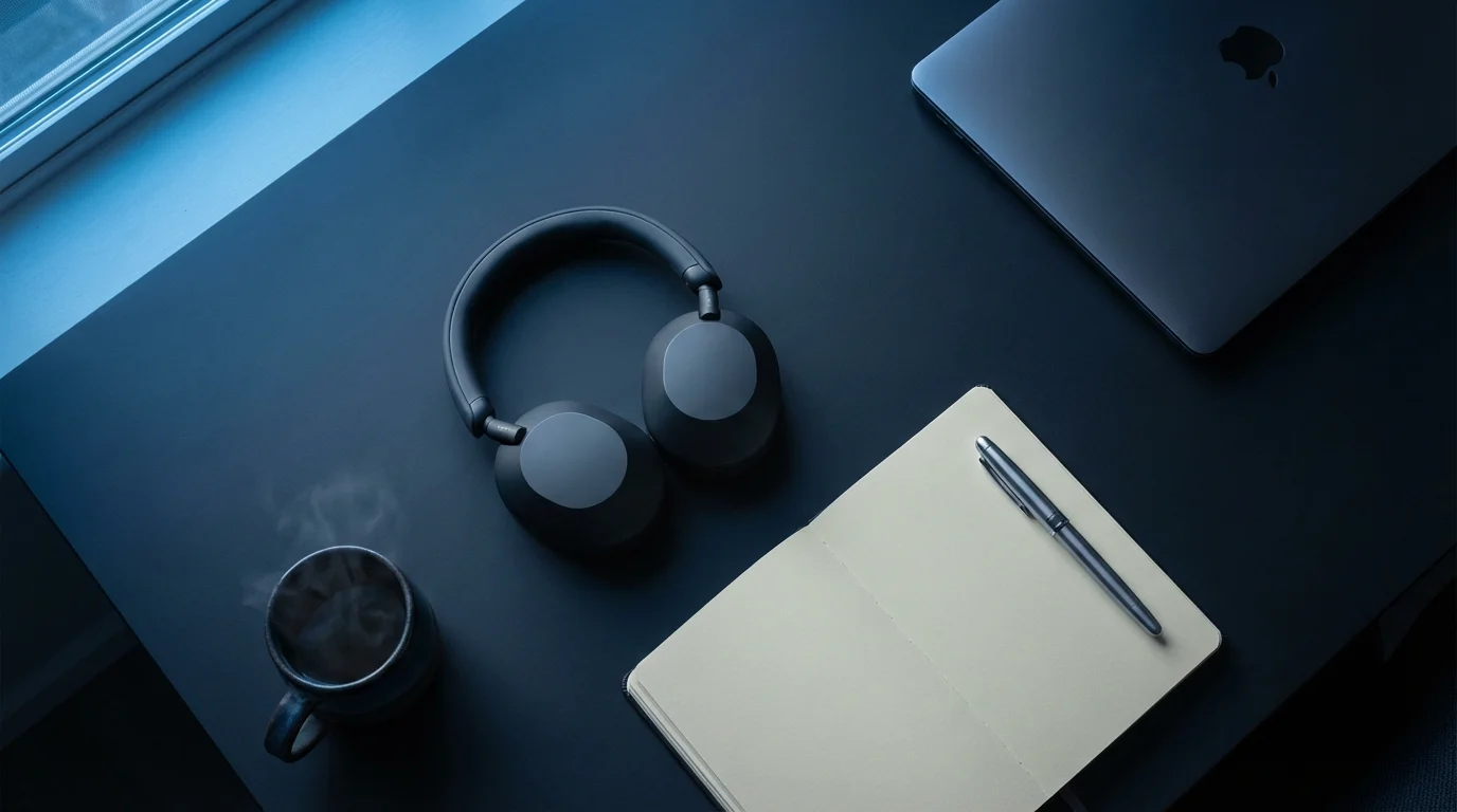 Flat lay of headphones and notebook on a dark desk during blue hour evening light.