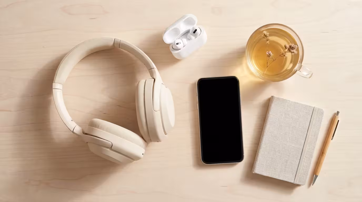 Flat lay of headphones, earbuds, and tea on a light wooden desk in morning light.
