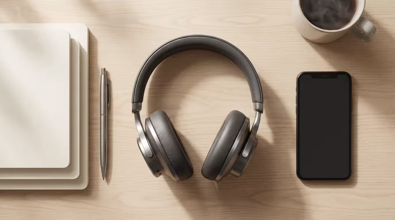 Flat lay of headphones, smartphone, and notebook on a wooden desk lit by natural light