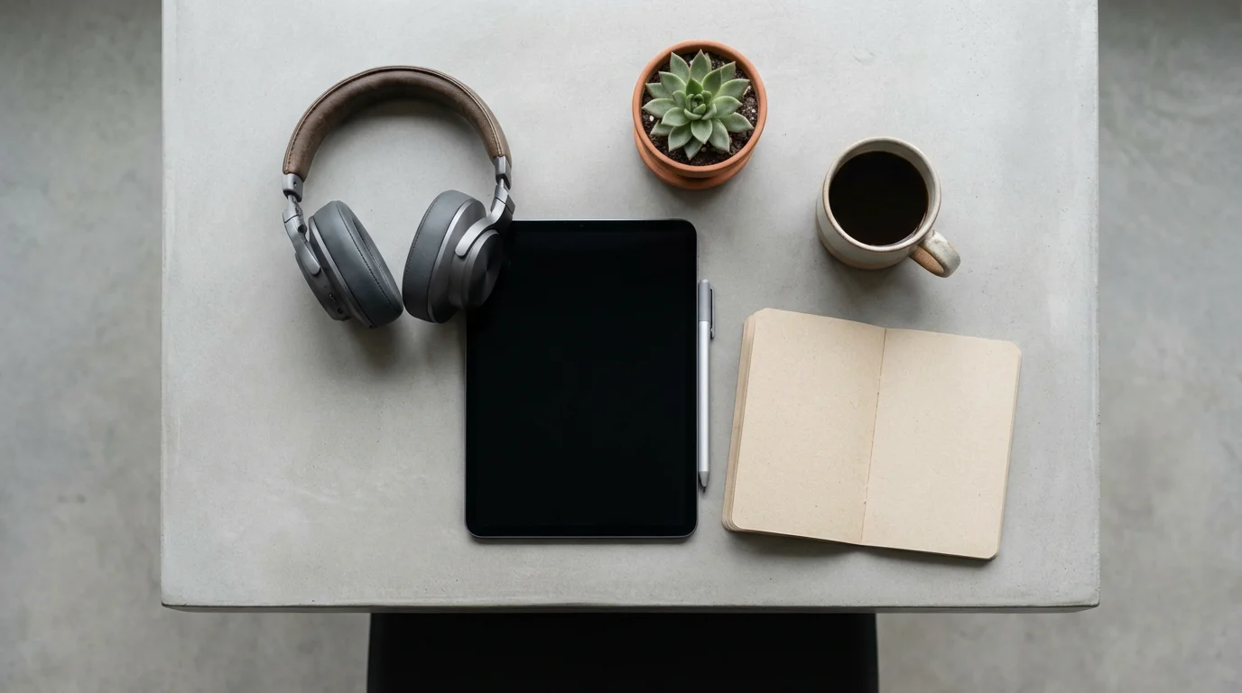 Flat lay of headphones, tablet, and notebook on a desk representing focused asynchronous work.