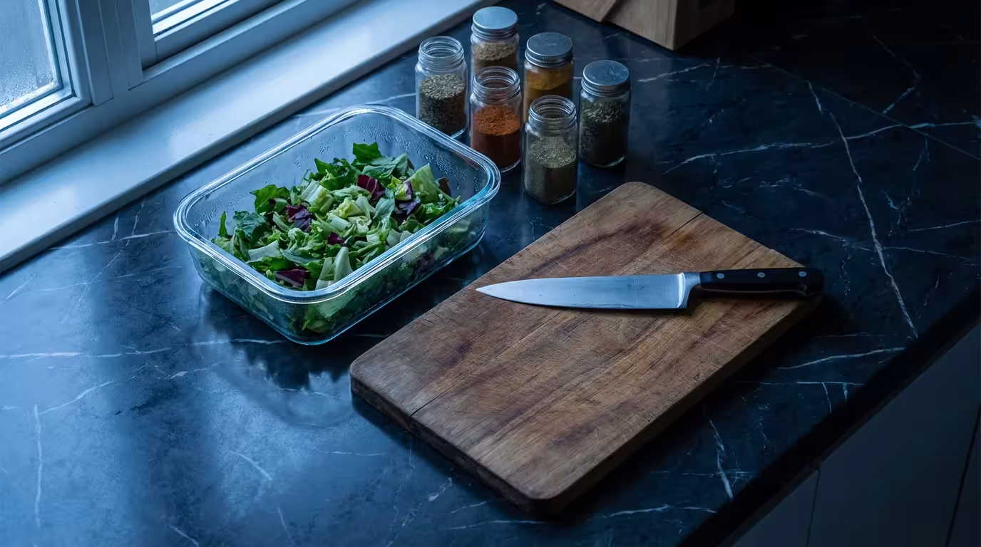 Flat lay of healthy meal prep on dark counter during blue hour evening light.