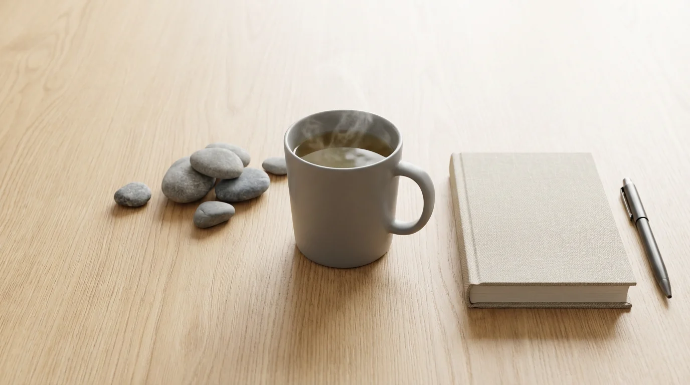 Flat lay of herbal tea, closed journal, and river stones on a table for a restorative break.