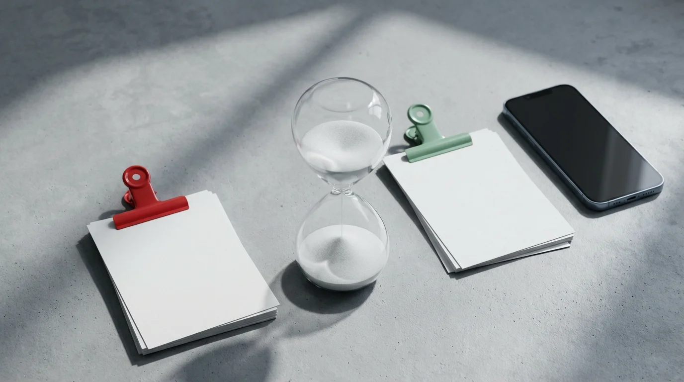 Flat lay of hourglass and color-coded paper stacks on concrete desk representing task prioritization.