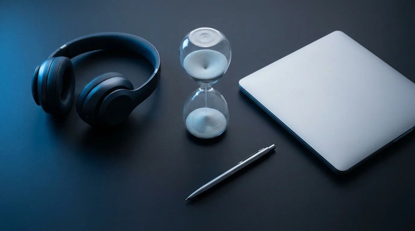 Flat lay of hourglass and headphones on dark desk during blue hour evening light.