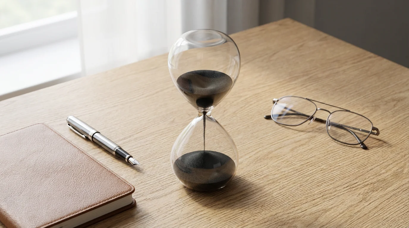 Flat lay of hourglass and office supplies on desk representing time constraints.