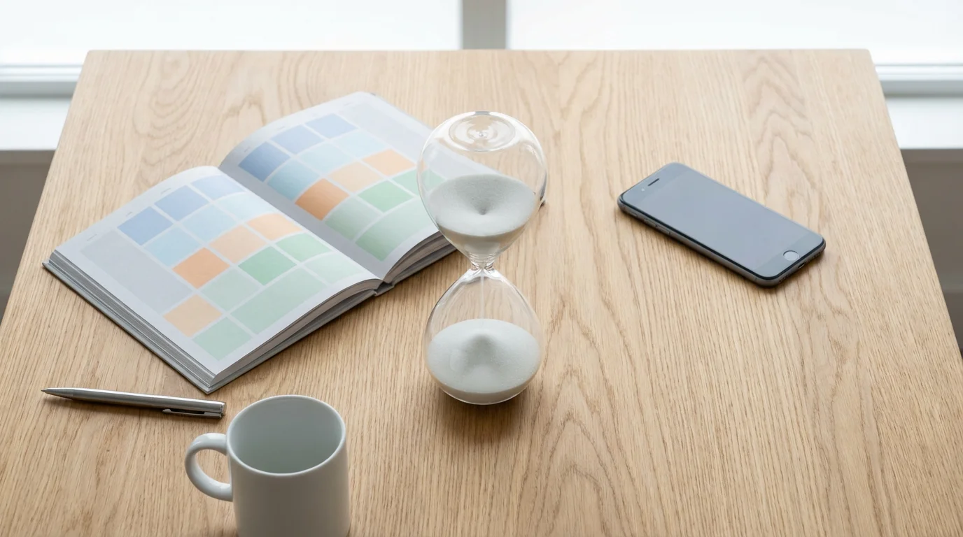 Flat lay of hourglass and planner on desk symbolizing time management and email batching.