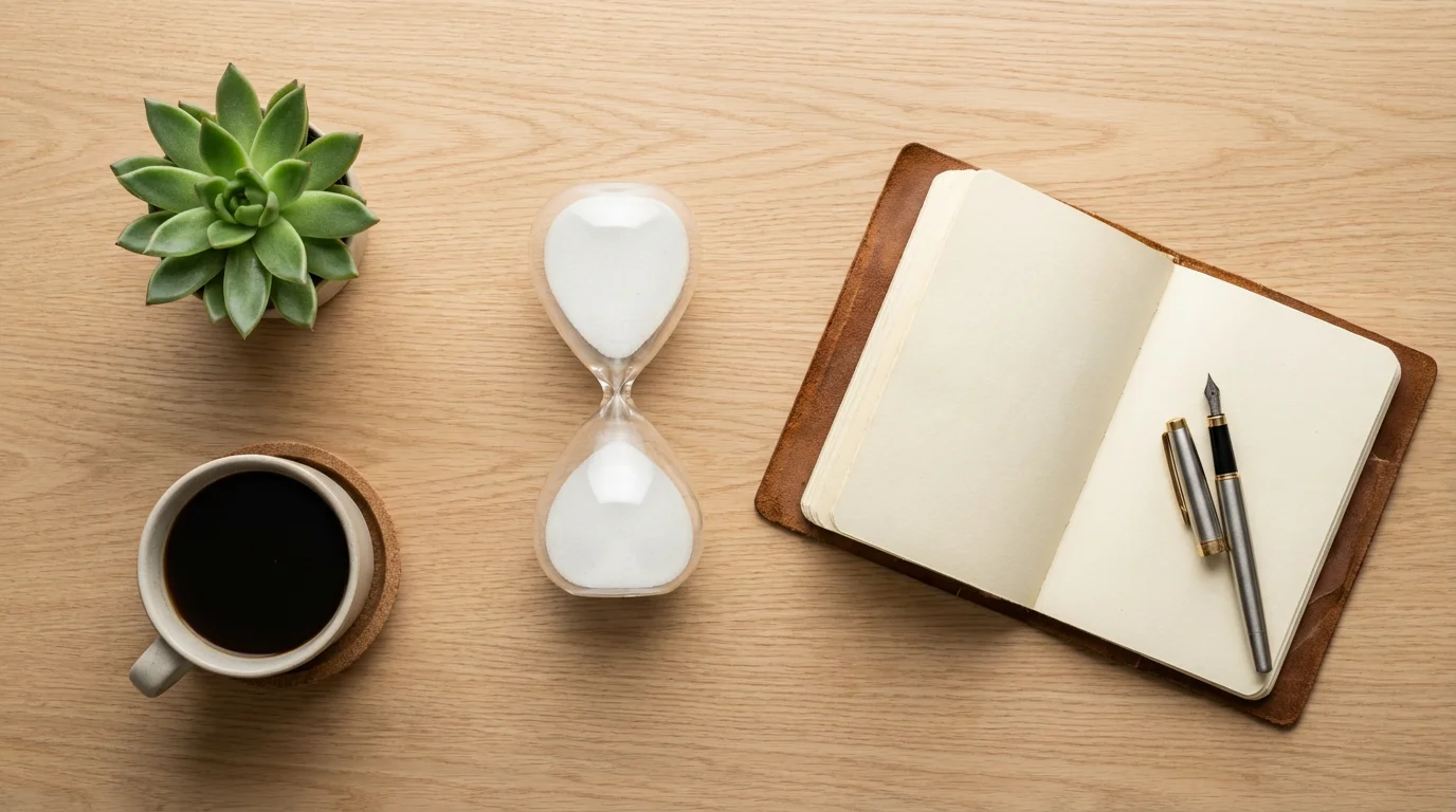 Flat lay of hourglass, blank notebook, pen, and coffee cup on wooden desk.