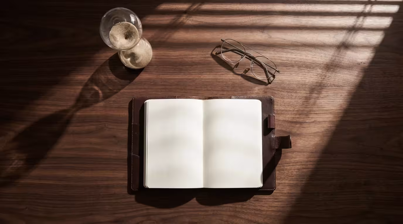 Flat lay of hourglass, glasses, and blank planner on dark wood desk with dramatic shadows.