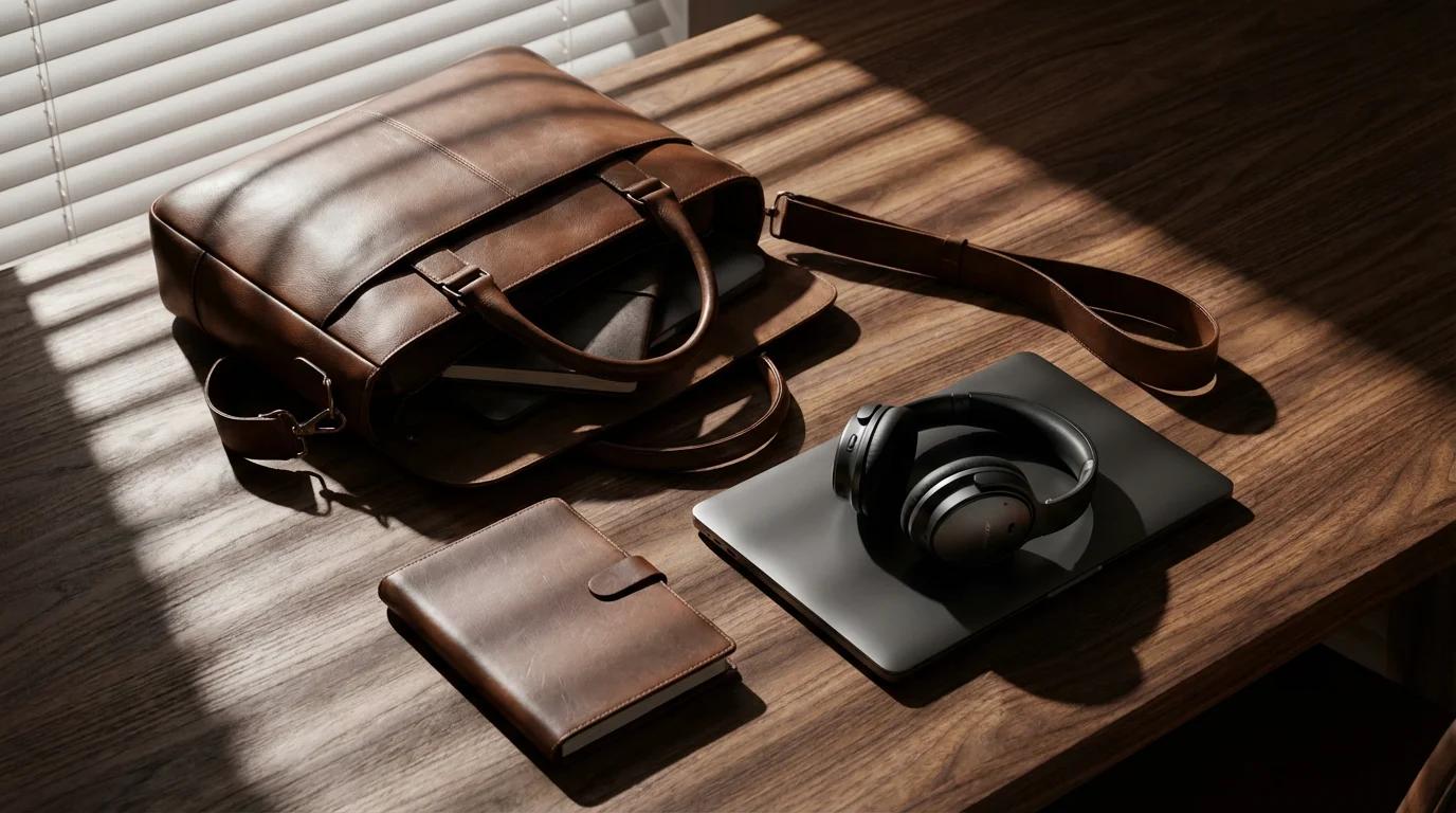 Flat lay of hybrid work essentials including laptop, headphones, and bag on a desk.