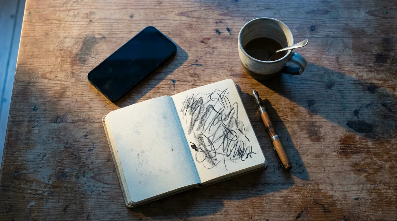 Flat lay of journal, pen, and phone on a wooden desk in evening light.