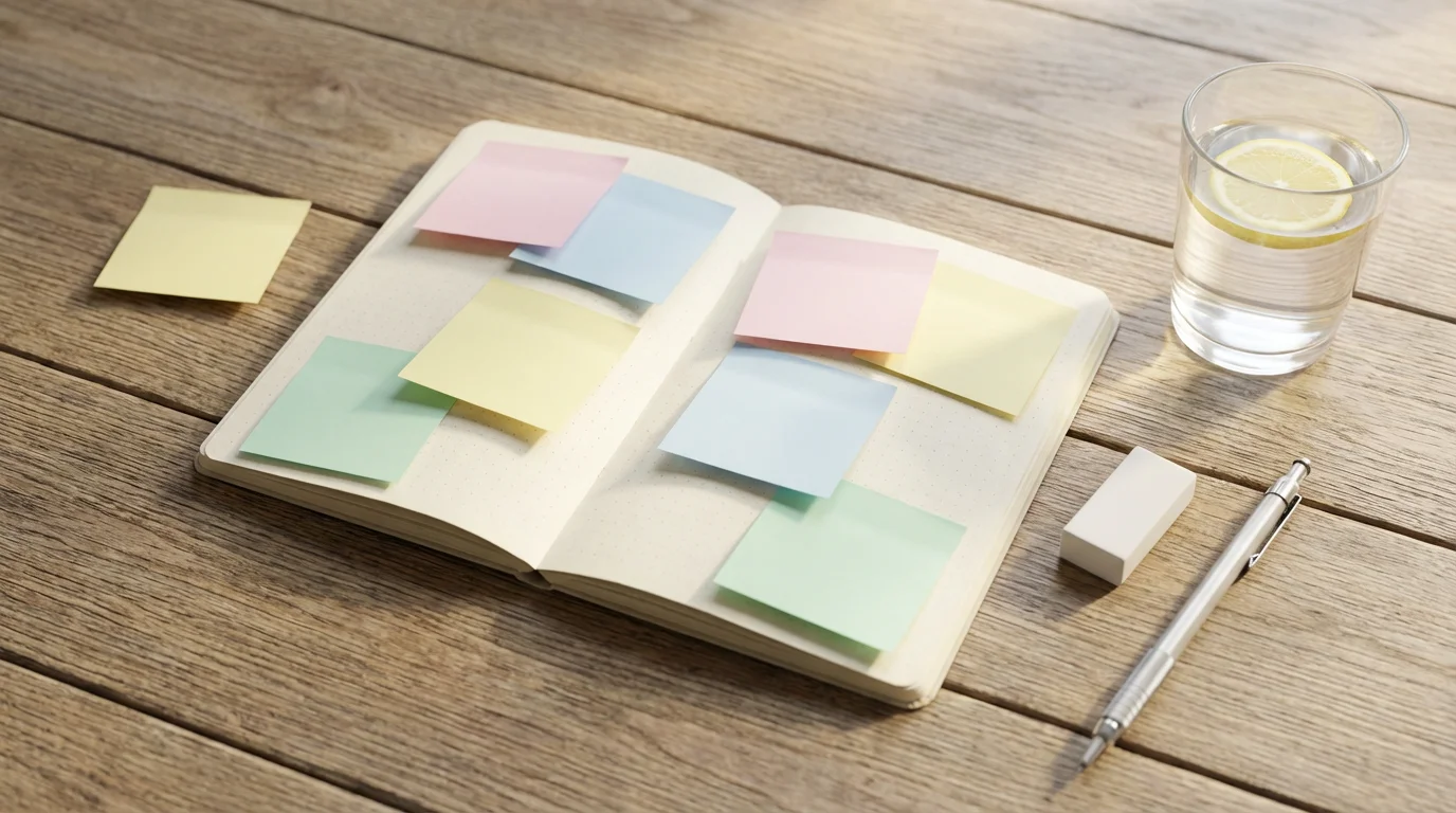 Flat lay of journal with sticky notes and eraser representing flexibility in planning.