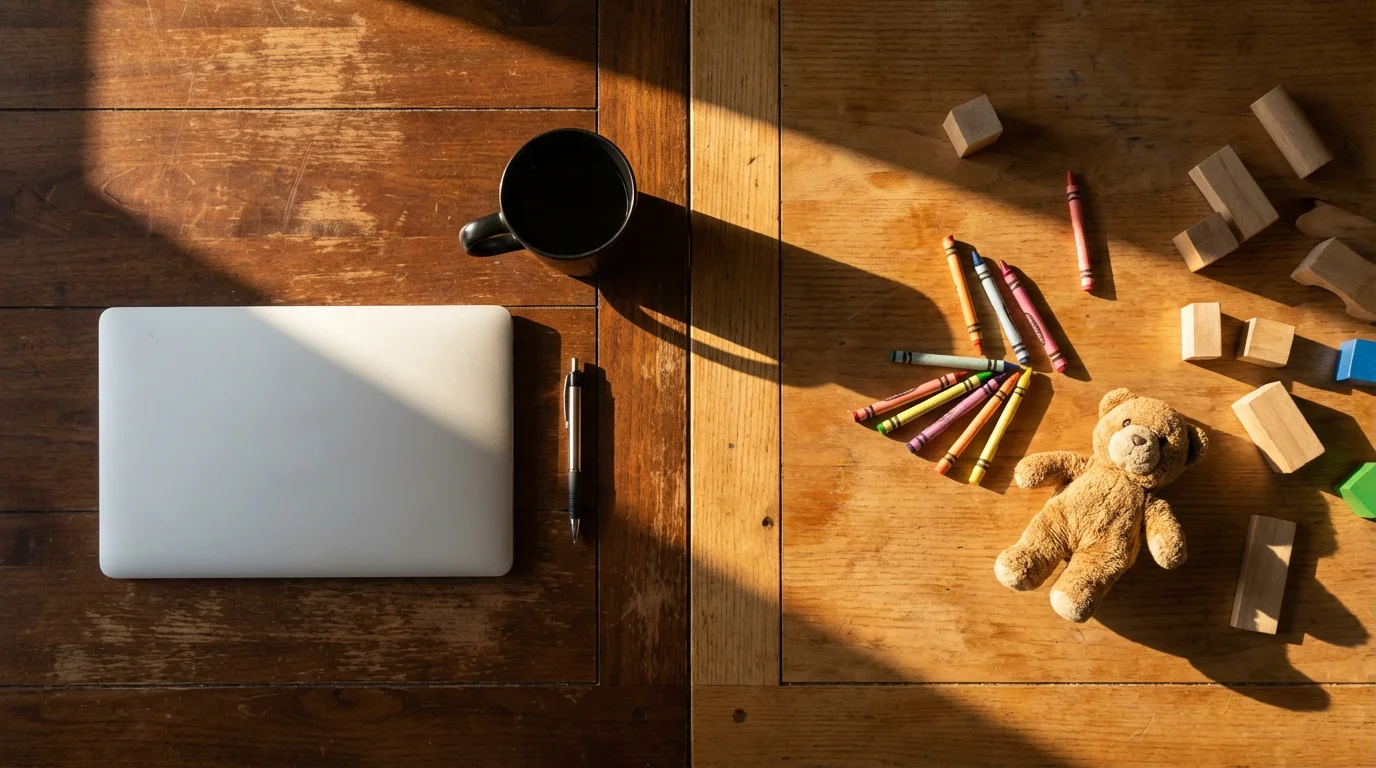 Flat lay of laptop and coffee beside colorful crayons and toys on wooden desk