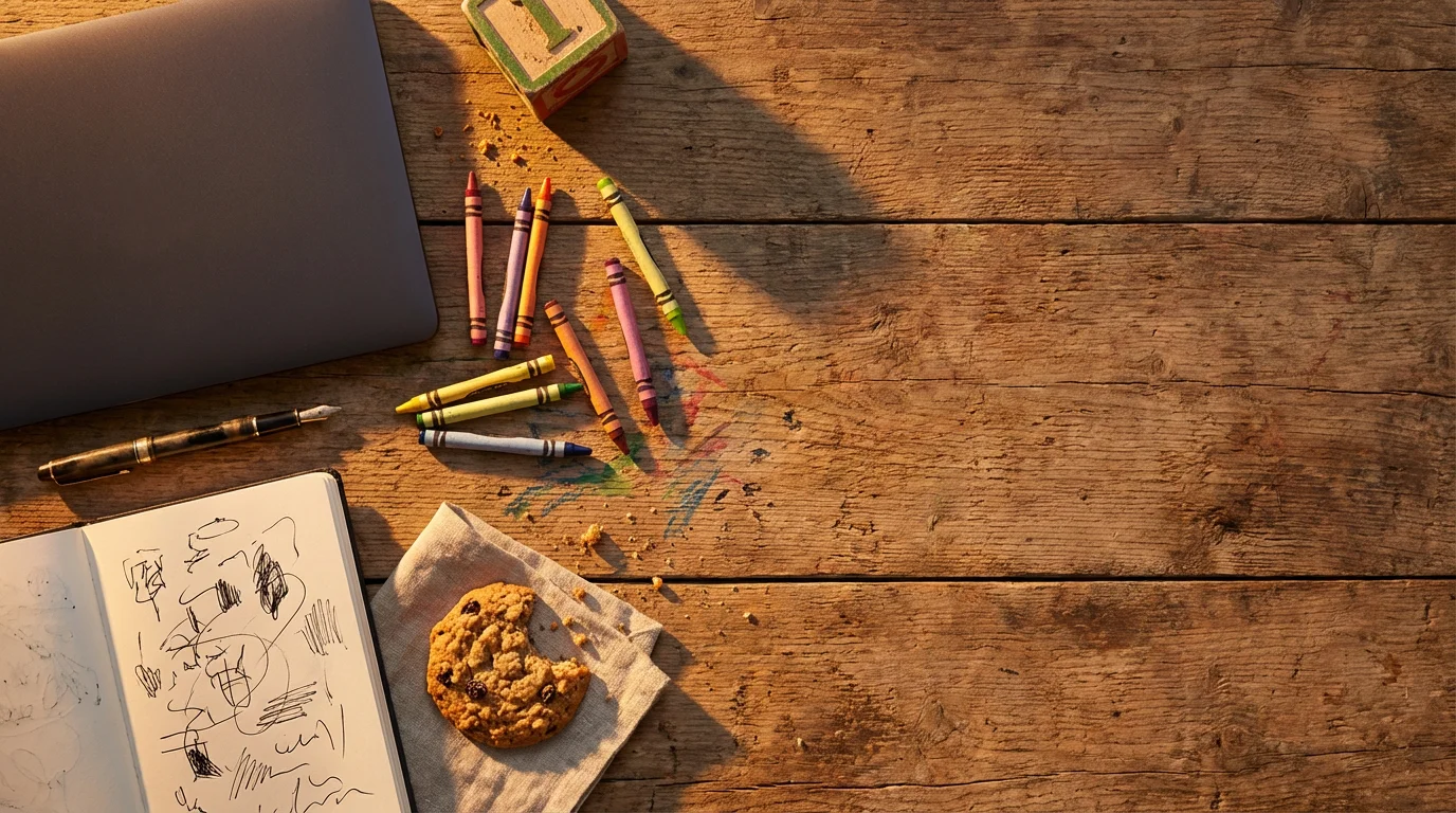 Flat lay of laptop and crayons on a wooden table in golden sunlight.