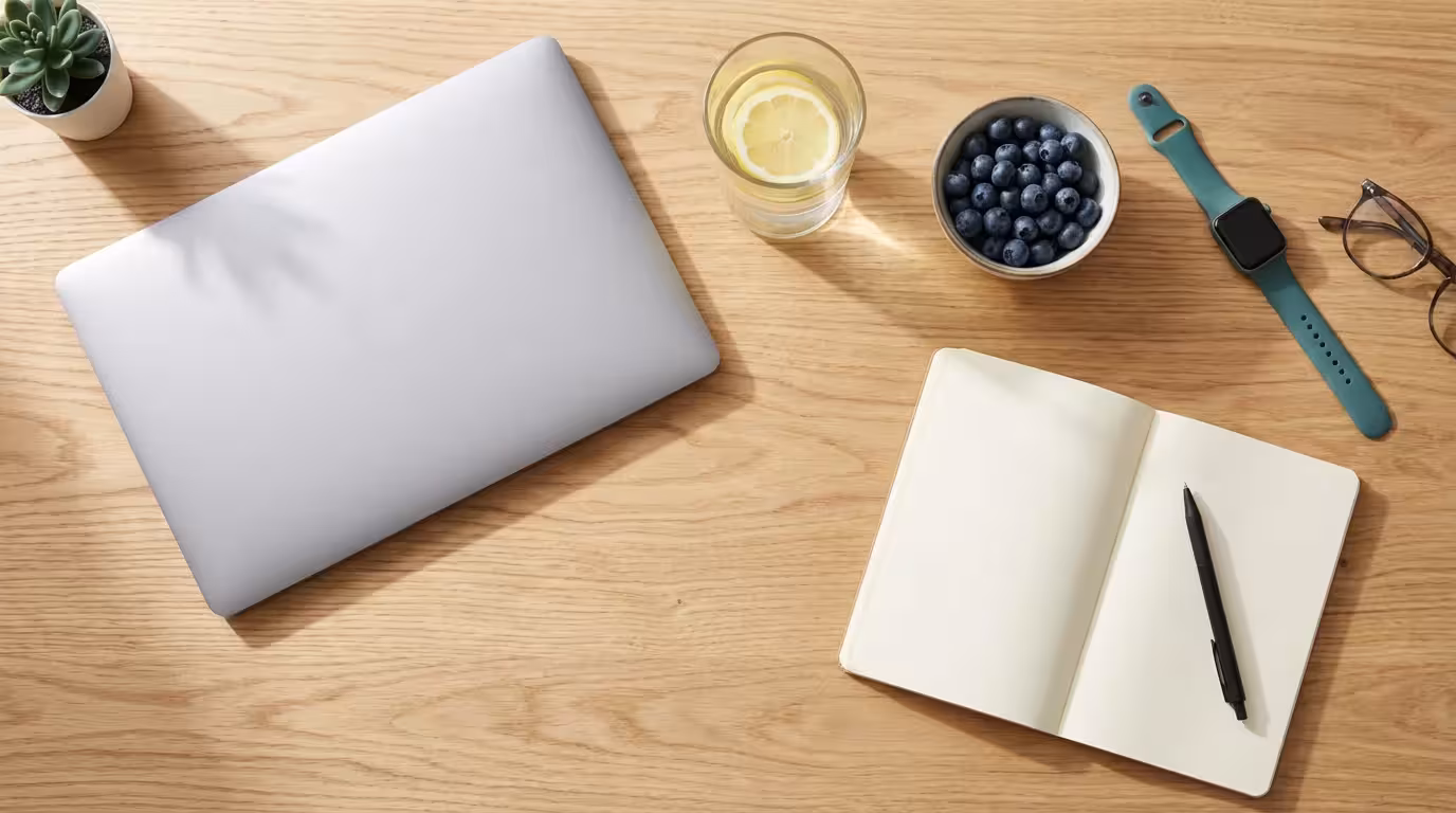 Flat lay of laptop, healthy snacks, and fitness tracker on a wooden desk.