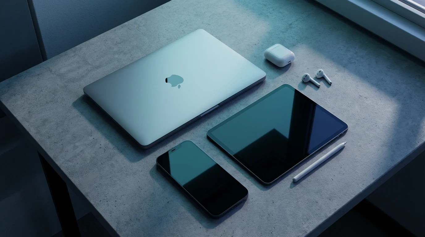 Flat lay of laptop, tablet, and phone arranged on concrete desk under cool blue lighting.
