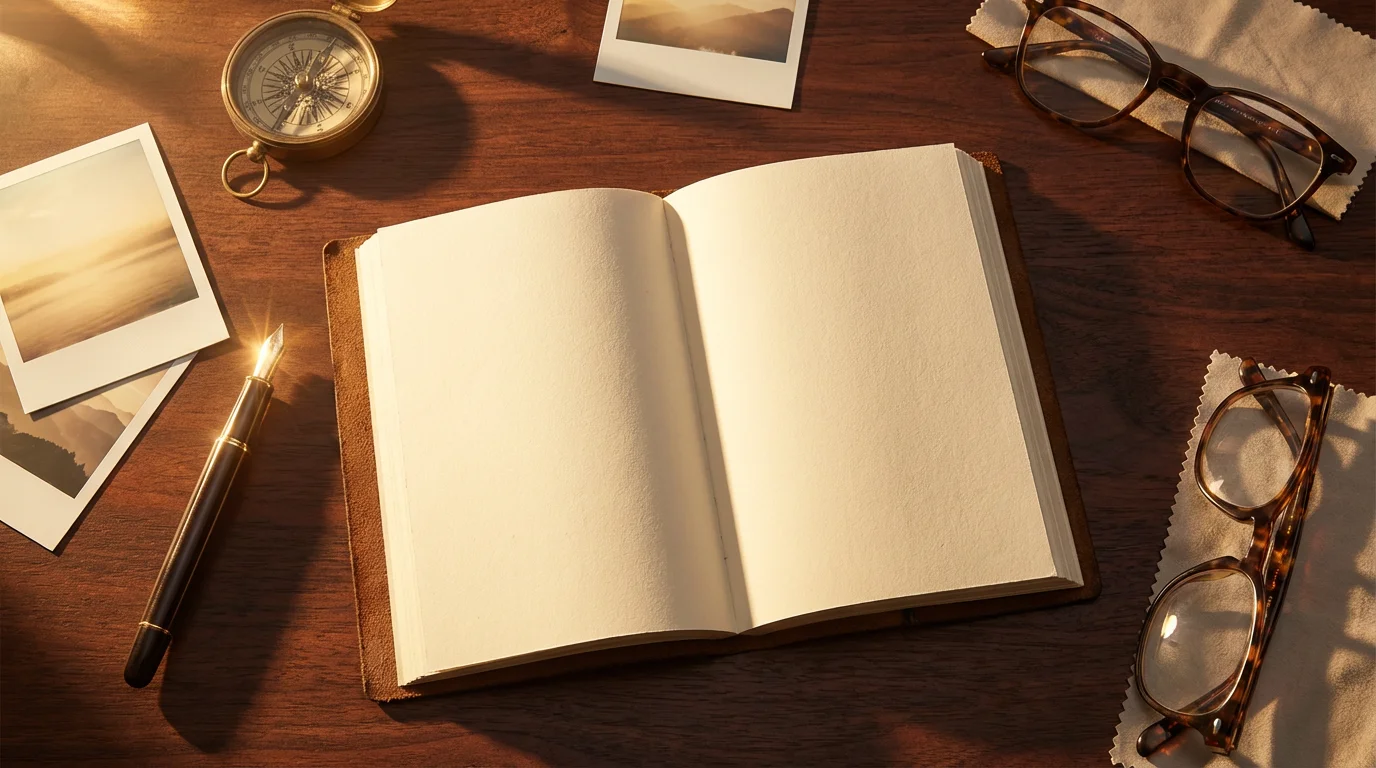 Flat lay of leather notebook, brass compass, and photos on a wooden desk in sunlight.