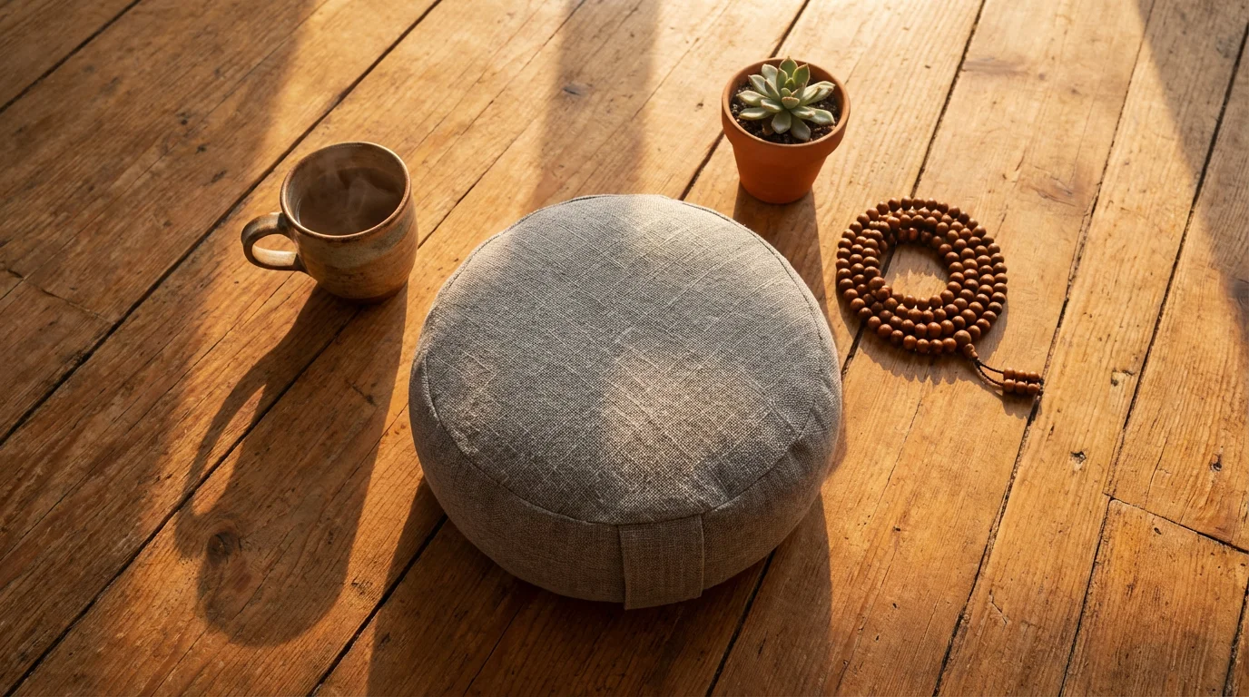 Flat lay of meditation cushion, tea, and beads on wooden floor in golden light.