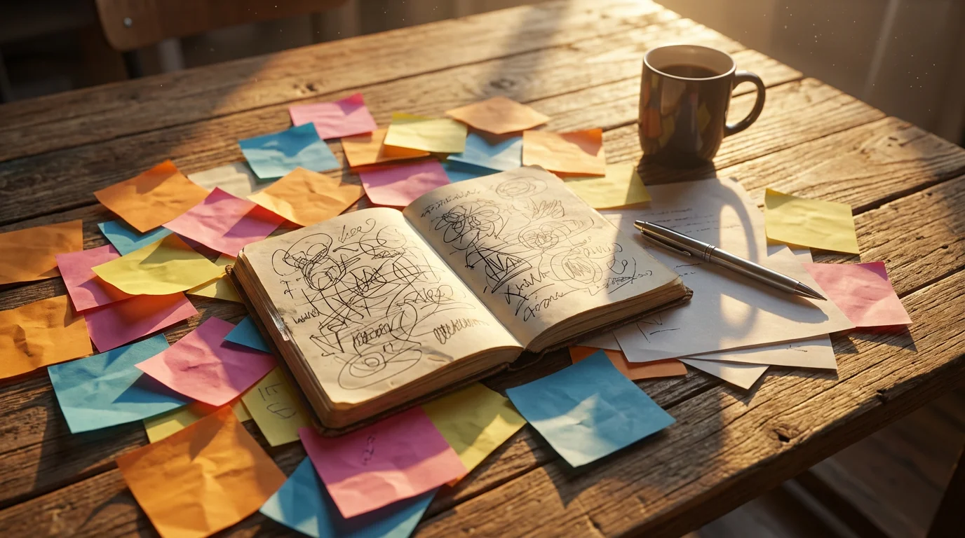 Flat lay of messy desk with sticky notes and notebook in warm morning sunlight.