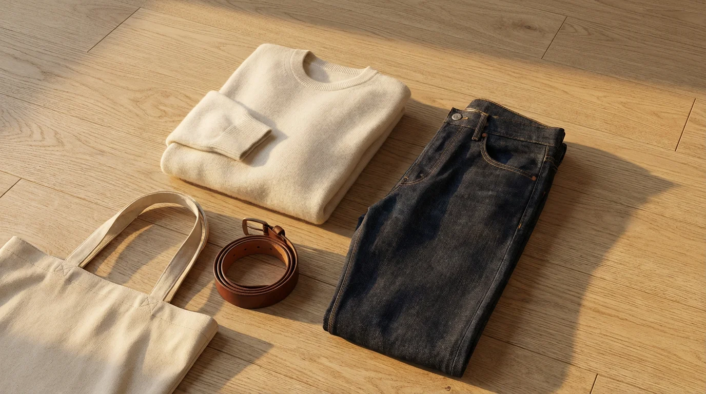 Flat lay of minimalist clothing essentials on a wooden floor illuminated by warm sunlight.