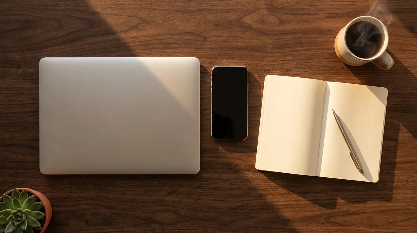 Flat lay of minimalist desk with face-down phone and notebook in warm golden sunlight.