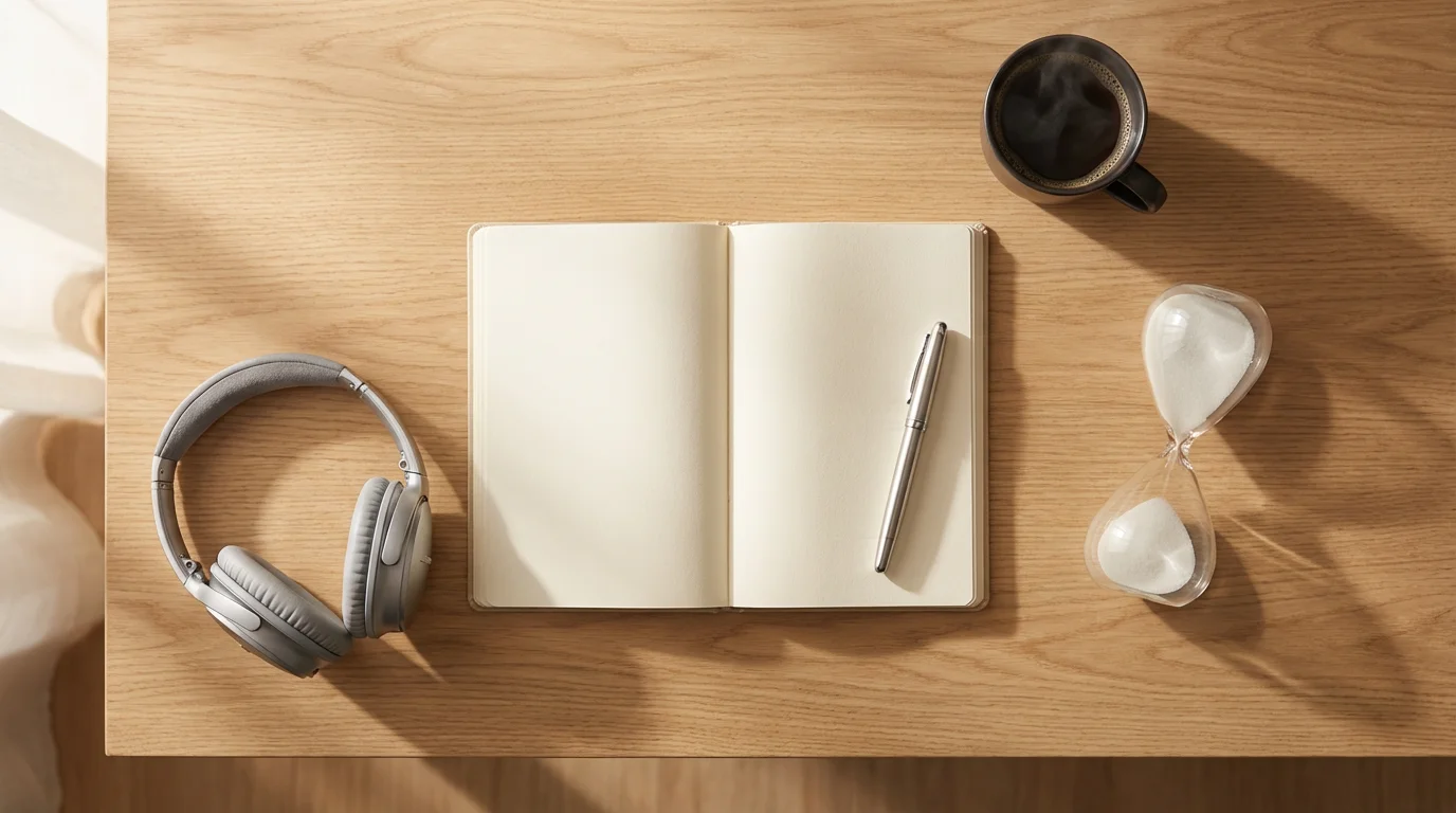 Flat lay of minimalist desk with hourglass, notebook, headphones, and coffee in morning light.