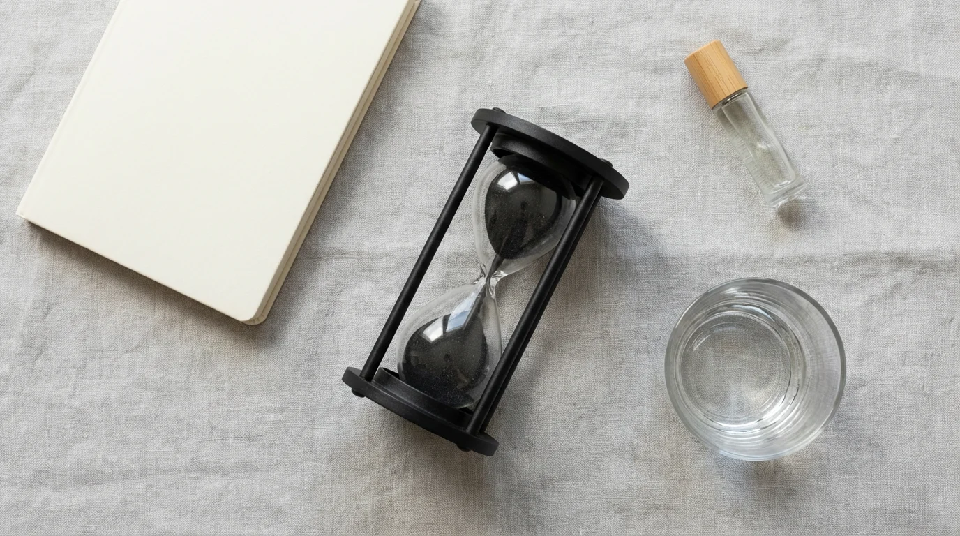Flat lay of minimalist tools for a micro-routine: sand timer, journal, water glass, and essential oil bottle.