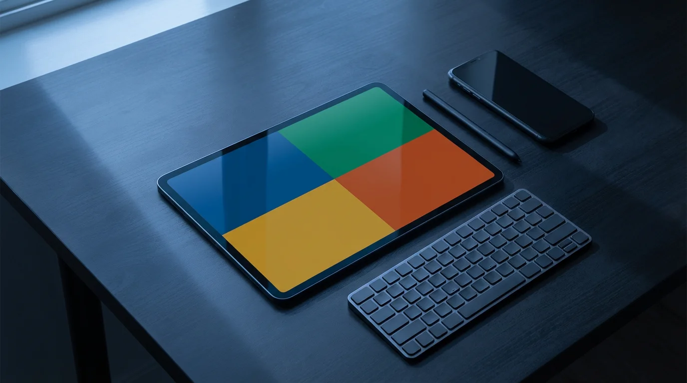 Flat lay of modern desk with tablet showing abstract grid during blue hour evening lighting