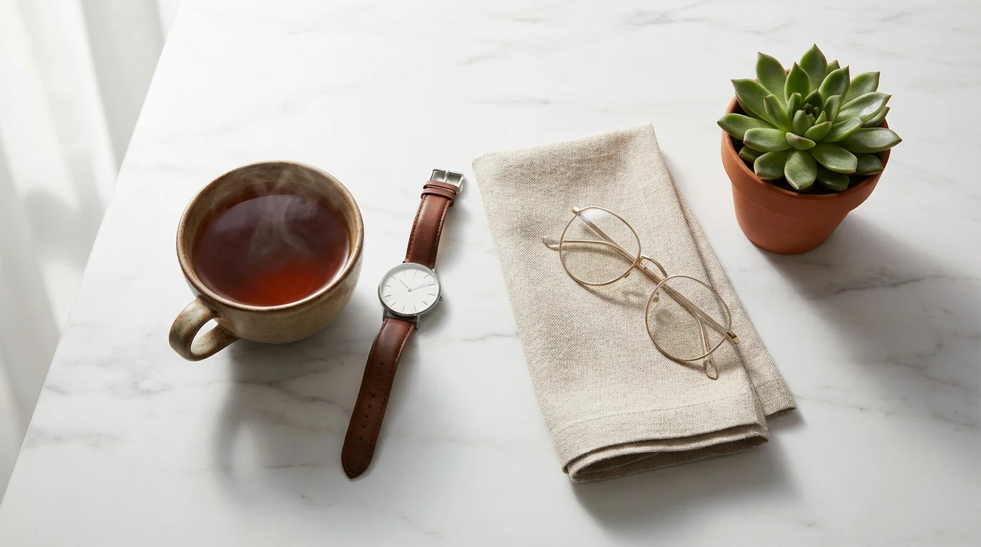 Flat lay of morning routine items including tea, glasses, and a plant on marble.