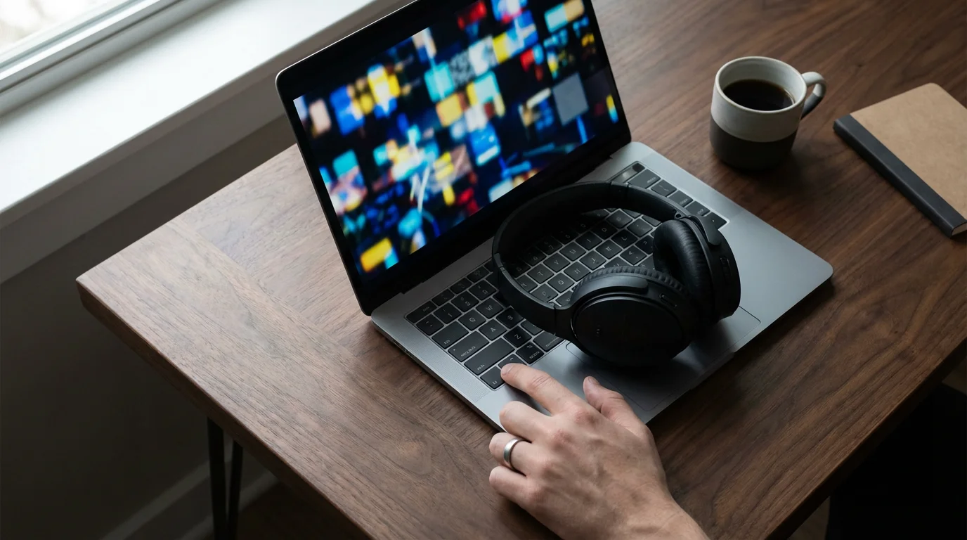 Flat lay of noise-canceling headphones and a hand muting a cluttered laptop screen for focused work.