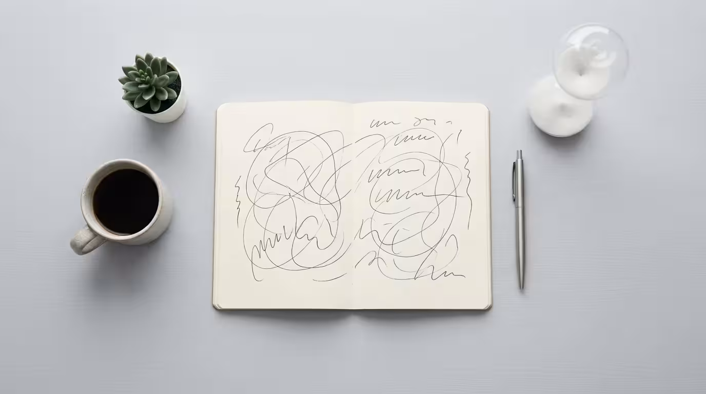 Flat lay of notebook, pen, and hourglass on desk for analyzing setbacks.
