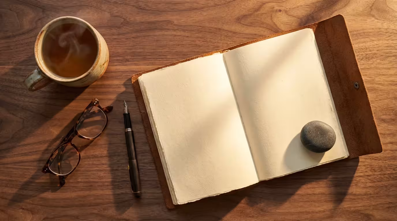 Flat lay of notebook, pen, and tea on a wooden desk during golden hour.