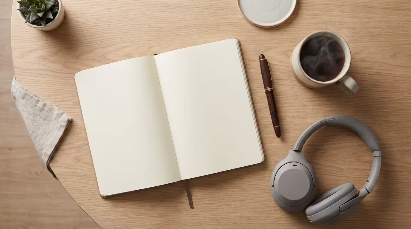 Flat lay of notebook, pen, tea, and headphones on wood desk for daily routine.