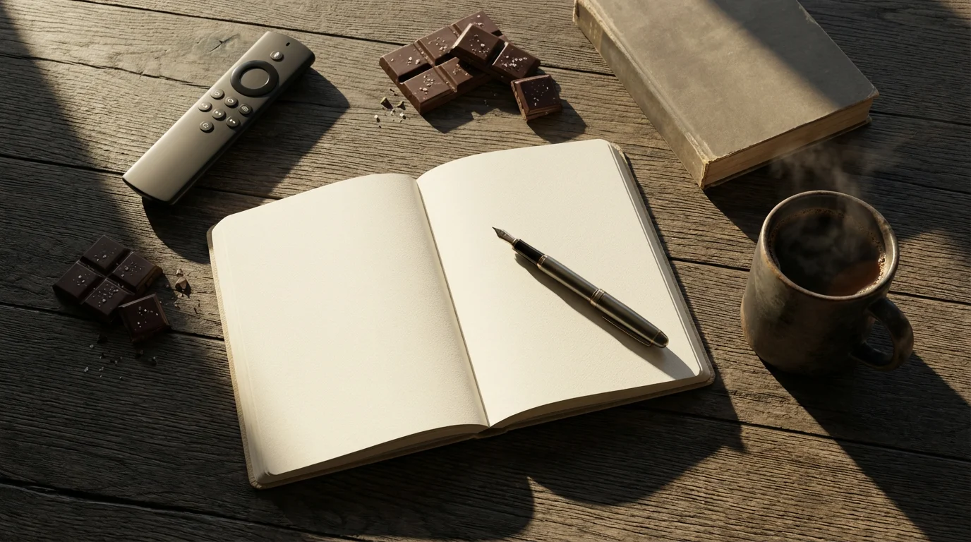 Flat lay of notebook surrounded by remote, chocolate, and book on dark wood table.