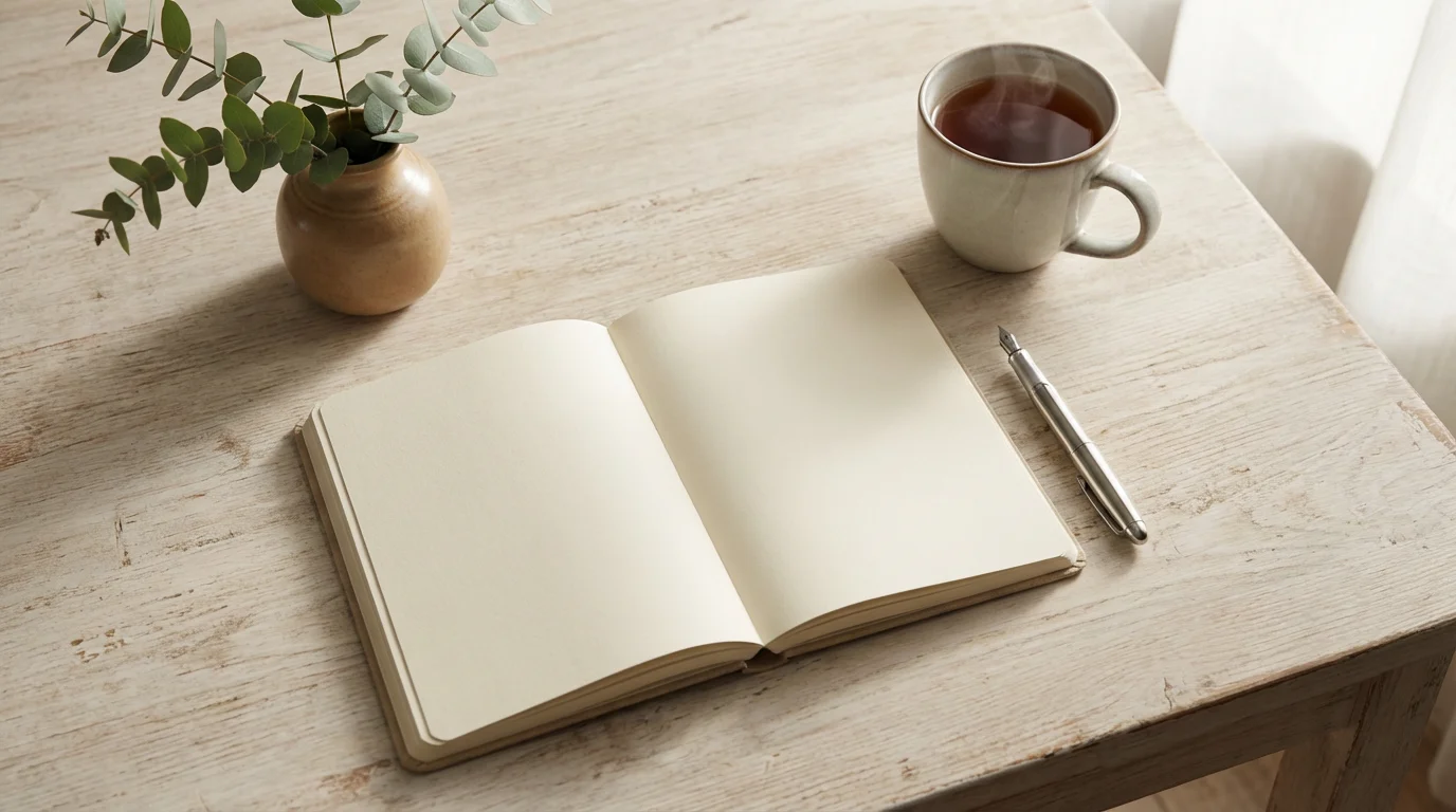 Flat lay of open blank notebook, pen, and tea on wooden desk without technology