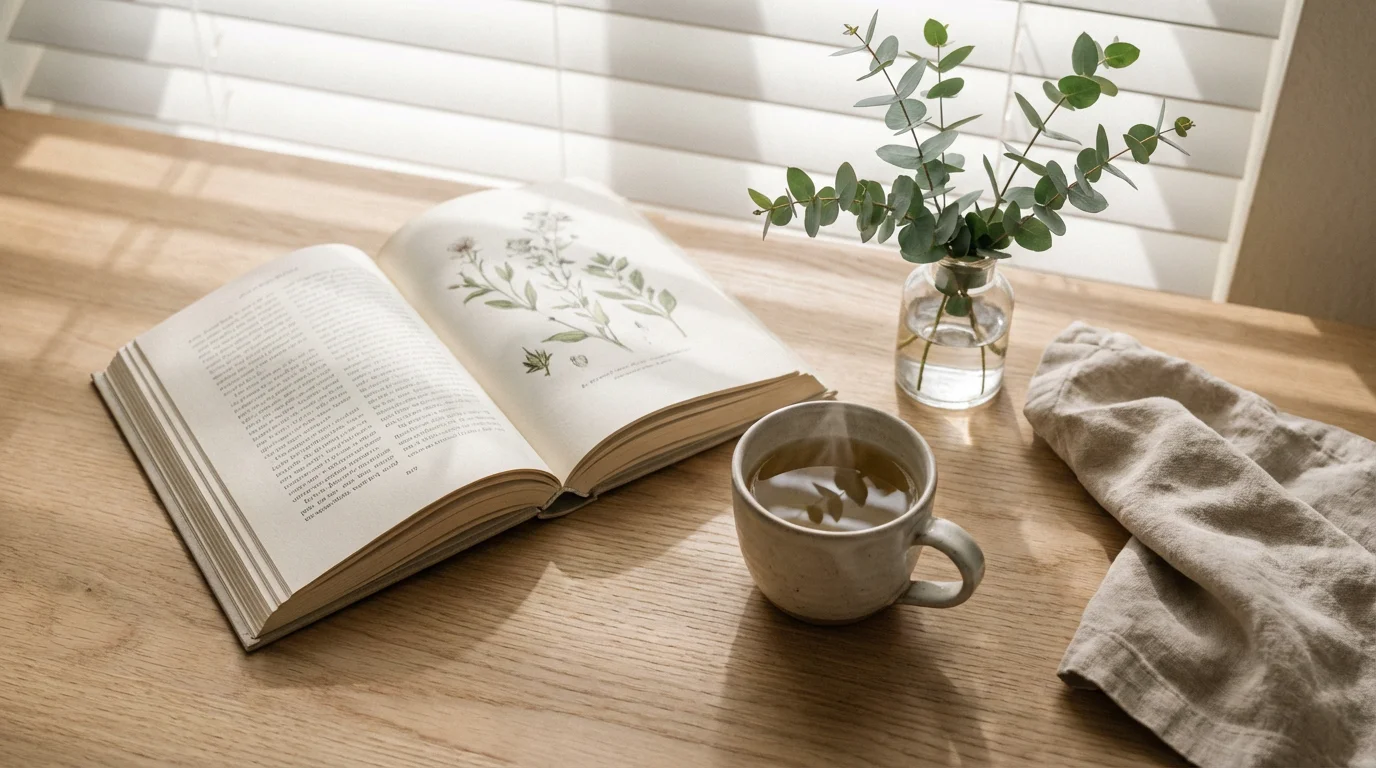 Flat lay of open book and tea on wooden table in soft morning light