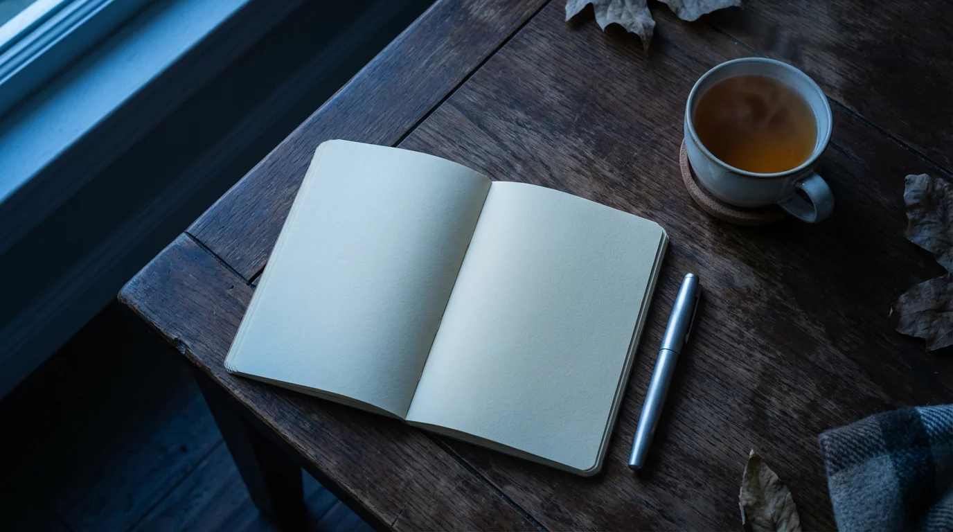 Flat lay of open journal and tea on a wooden table during blue hour.