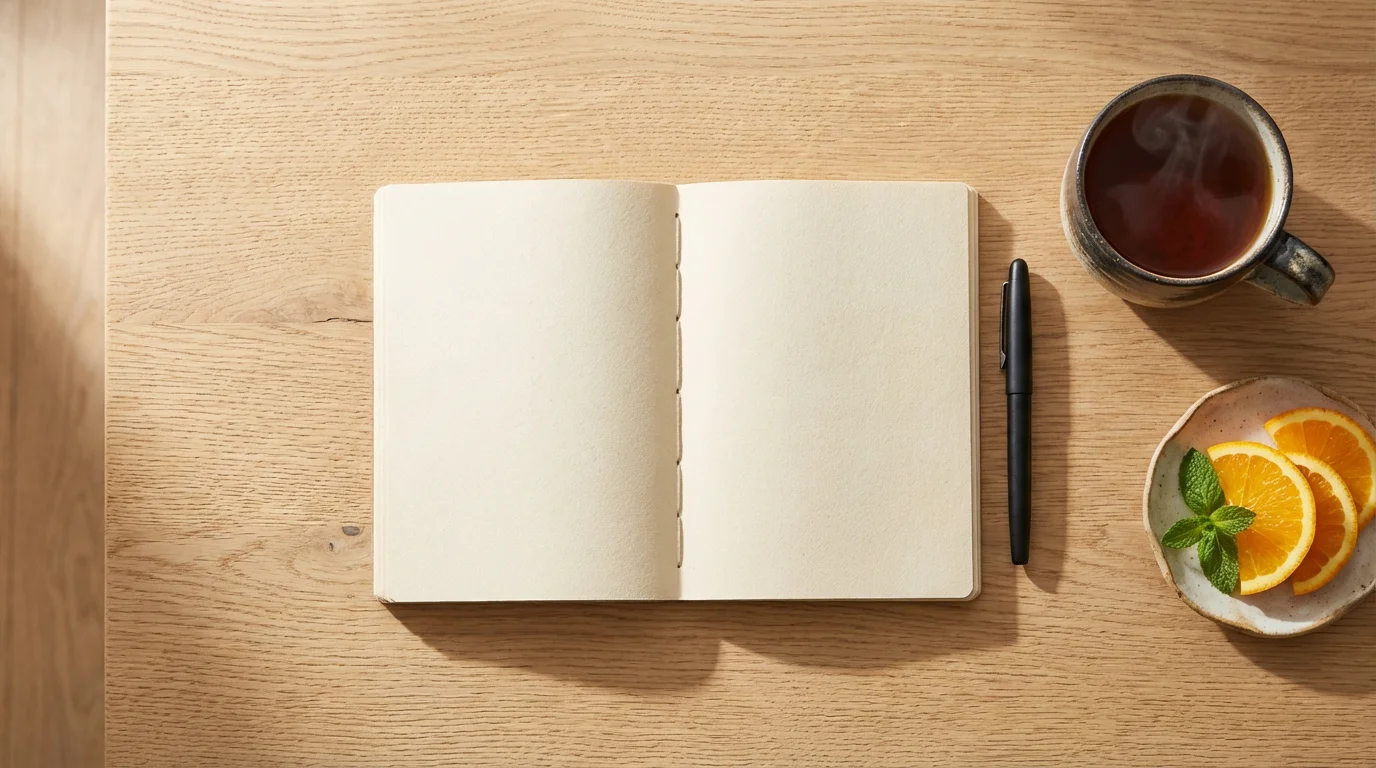 Flat lay of open journal, pen, and tea on wooden table in morning light